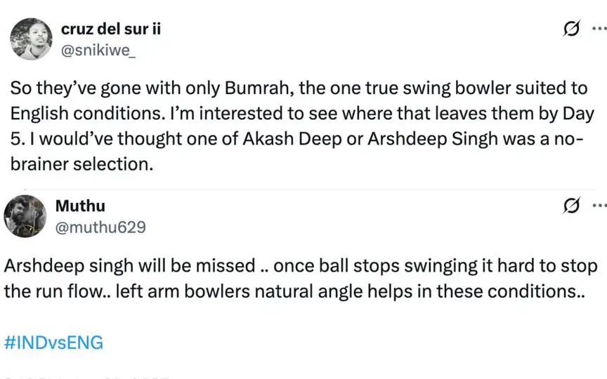 Fan tweets on Arshdeep Singh [Source: @muthu629, @snikiwe_/X.com]