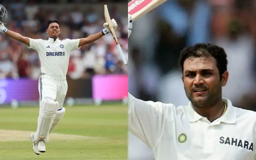 Yashavsi Jaiswal and Virender Sehwag [Source: AP Photos | @Bhamu_007/x.com]