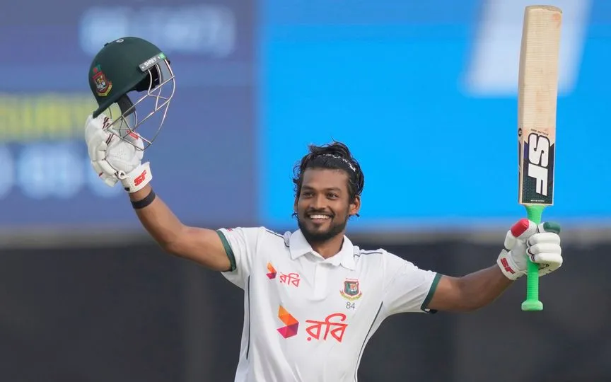 Najmul Hossain Shanto celebrating his century [Source: AP Photos]