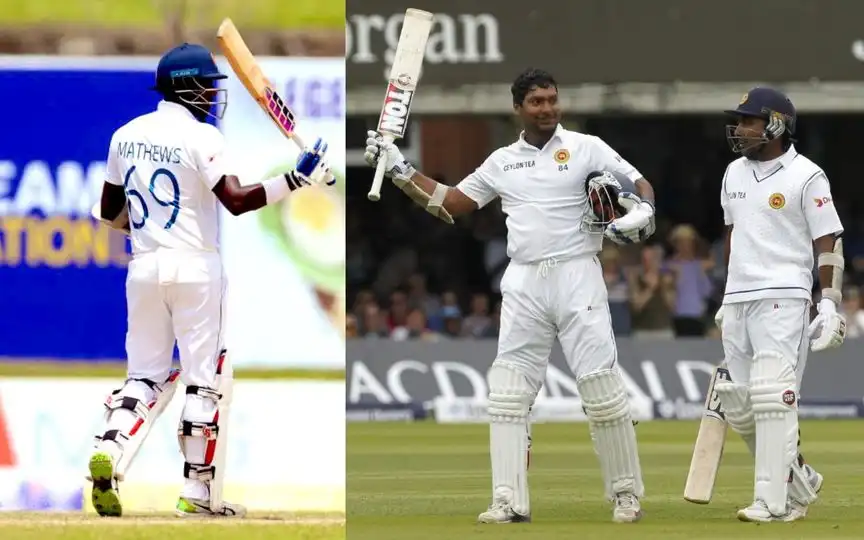 Angelo Mathews, Kumar Sangakkara, Mahela Jayawardene [Source: @cricket_broken, @ICC/x.com]