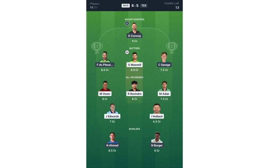 WAS vs TEX Team 1. [Source -Dream11]