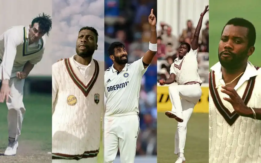 Trueman, Ambrose, Bumrah, Garner, Marshall (Source: @SomersetCCC, @windiescricket, @ICC/X.com)