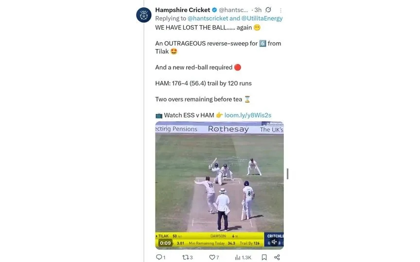 Tilak Varma playing reverse sweep against Essex. [Source - Hampshire/x.com]