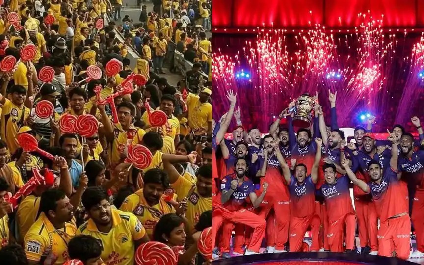 CSK fans with lollipops, RCB with IPL 2025 trophy [Source: @Prabhas9491, @RCBTweets/x.com]
