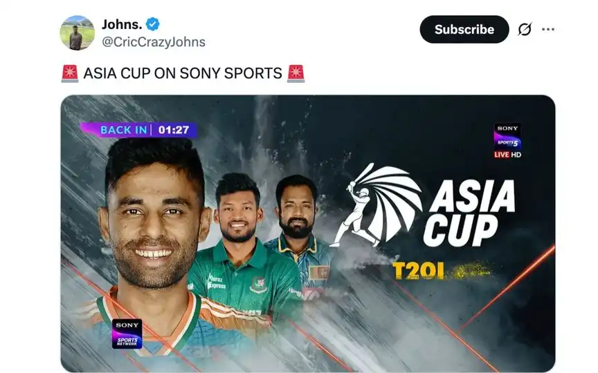 एशिया कप के लिए सोनी स्पोर्ट्स पोस्ट [स्रोत: @CricCrazyJohns/X.com]