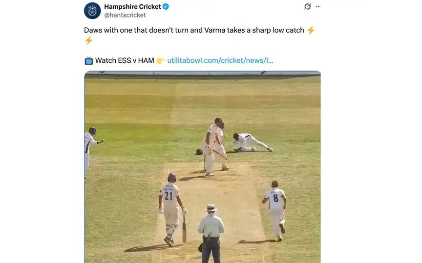 Tilak Varma takes low catch [Source: @hantscricket/X.com]