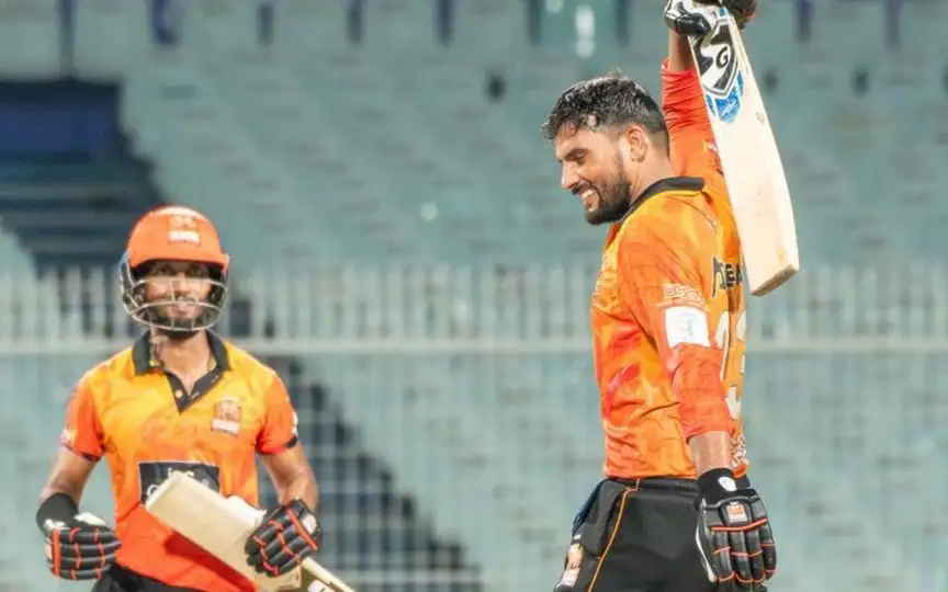 Gaurav Singh Chauhan celebrating his century [Source: CAB Facebook]