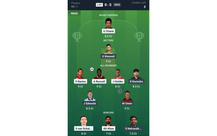 LAS vs WAS Team 2 [Source - Dream11 App]