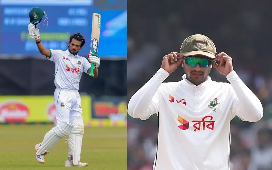 Najmul Hossain Shanto and Shakib Al Hasan (Source:@BCBtigers/X.com)