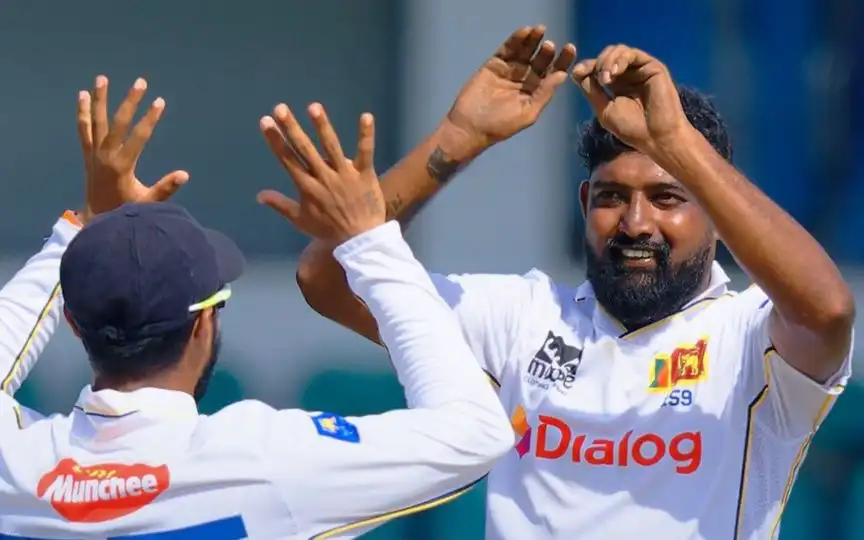 Sri Lanka bowlers celebrating a wicket on Day 3 [Source: @OfficialSLC/x]