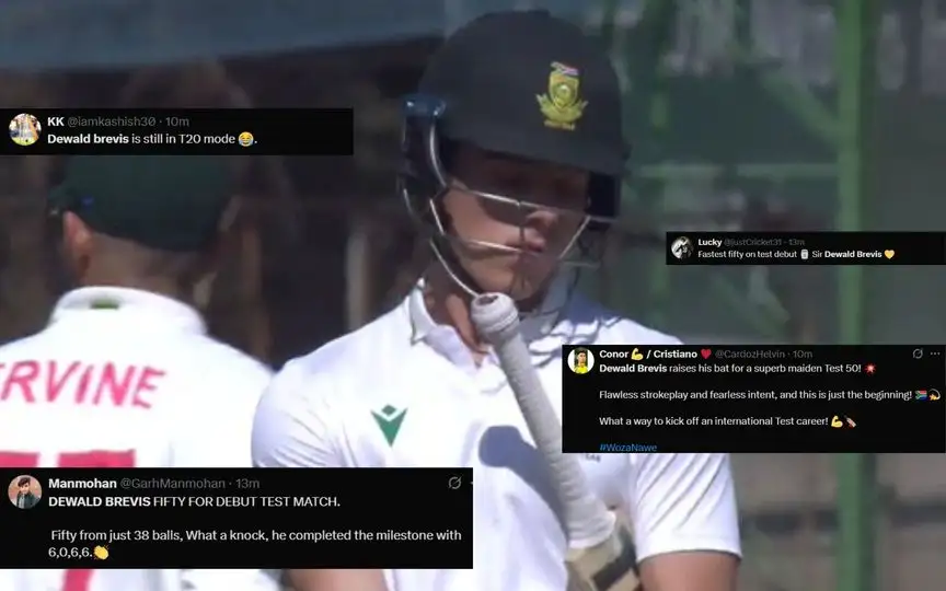 Dewald Brevis scores a fifty in his debut Test match [Source: @Spidey1417/X.com]