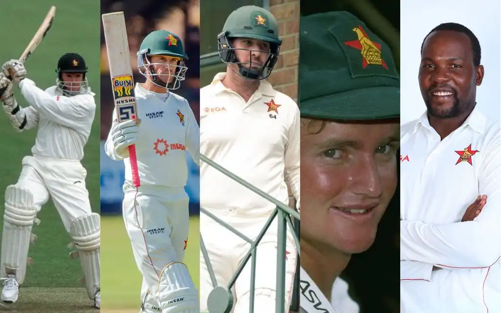 Andy Flower, Sean Williams, Brendan Taylor, Grant Flower, Hamilton Masakadza (Source: @ZimCricketv, @ICC/X.com)