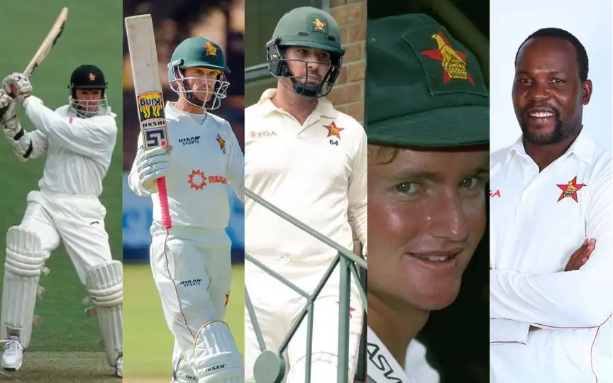 Andy Flower, Sean Williams, Brendan Taylor, Grant Flower, Hamilton Masakadza (Source: @ZimCricketv, @ICC/X.com)