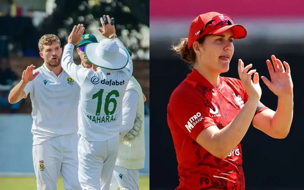 South African players and Nat Sciver-Brunt [Source: @ProteasMenCSA, @lav_narayanan/x]
