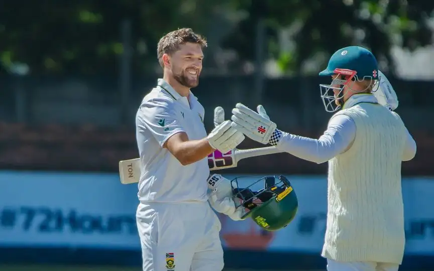 Wiaan Mulder celebrating his century on Day 3 [Source: @ProteasMenCSA/x]