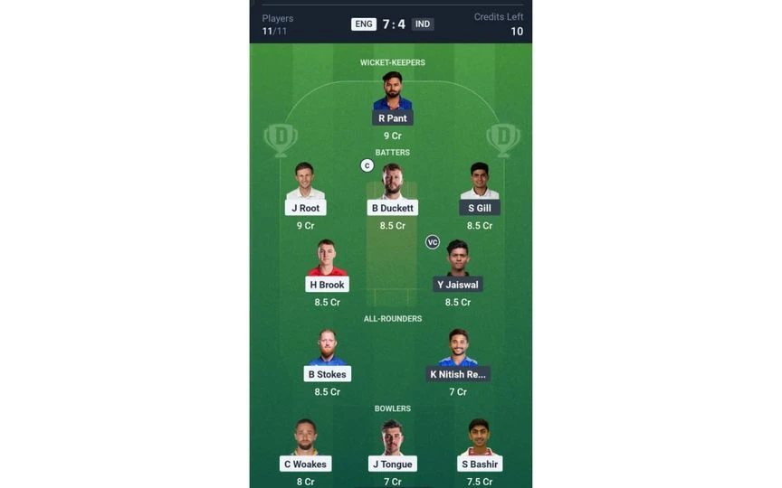 ENG vs IND, 2nd Test: Dream11  Team 1  for Match 2 [Source: Dream11 App]