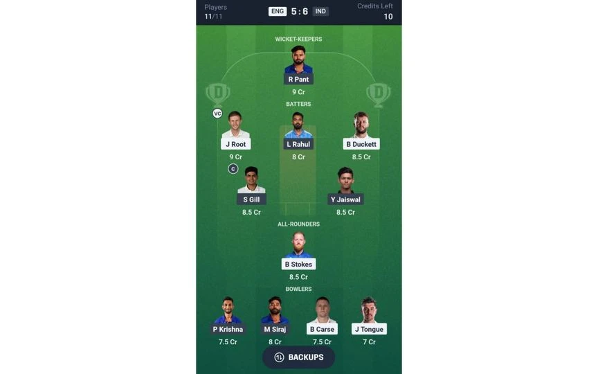 ENG vs IND, 2nd Test: Dream11 Team 2 for Match 2 [Source: Dream11 App]