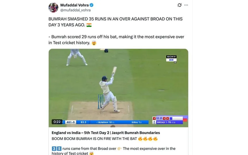 Jasprit Bumrah's iconic Test inning [Source: @mufaddal_vohra/X.com]