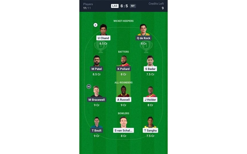 LAS vs NY MLC 2025 Match 24: Dream11 Team 1 [Source: @Dream11 App]