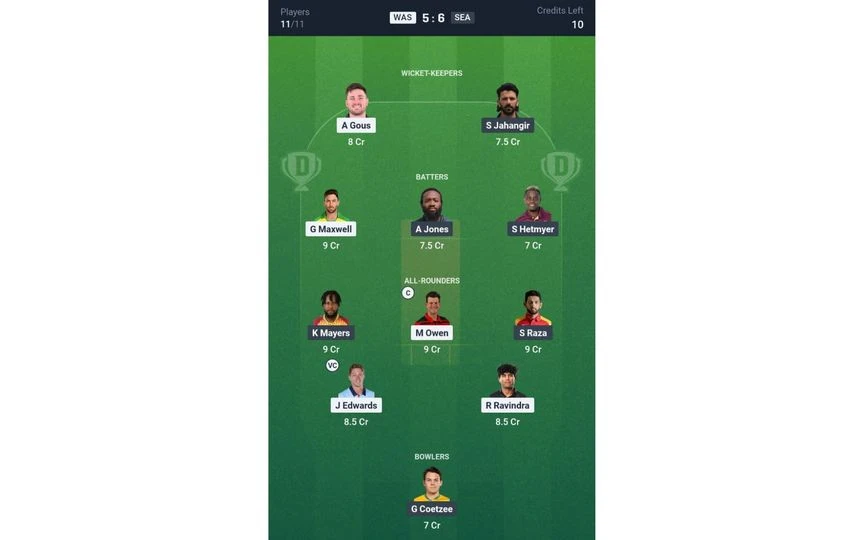 WAS vs SEA MLC 2025 Match 26: Dream11 Team 1 [Source: @Dream11 App]