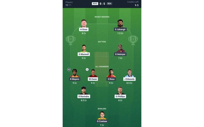 WAS vs SEA MLC 2025 Match 26: Dream11 Team 2 [Source: @Dream11 App]