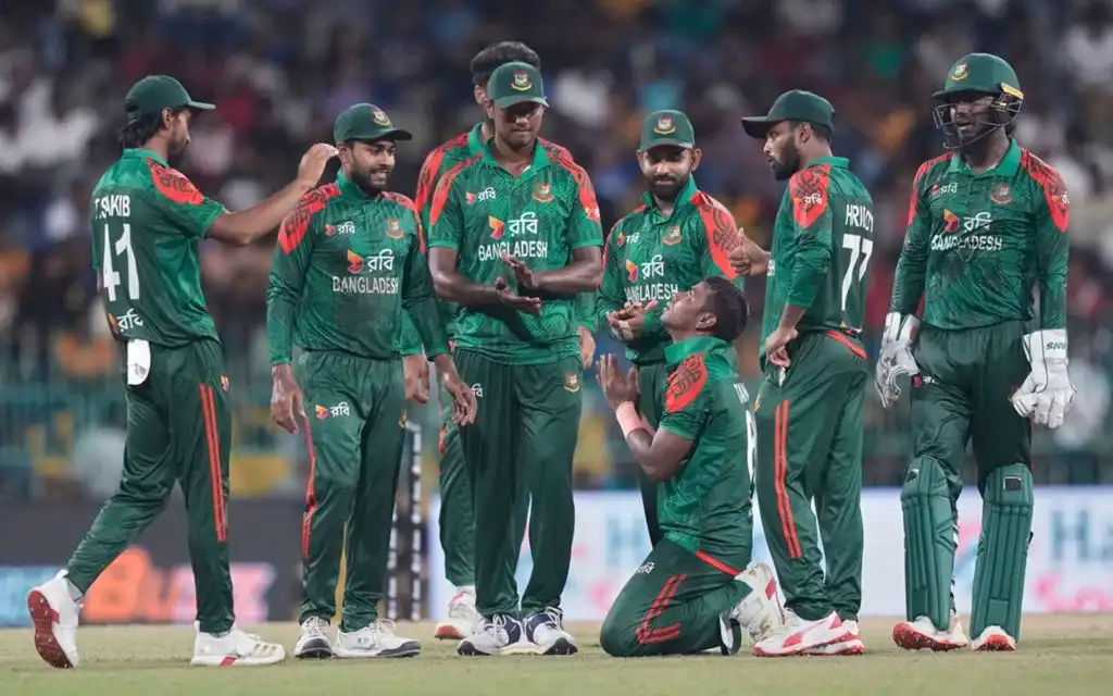 Tanvir Islam celebrating his fifer [Source: AP]