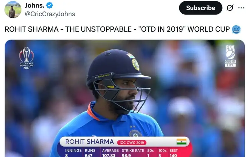 Rohit Sharma's 2019 World Cup Stats [Source: @CricCrazyJohns/X.com]