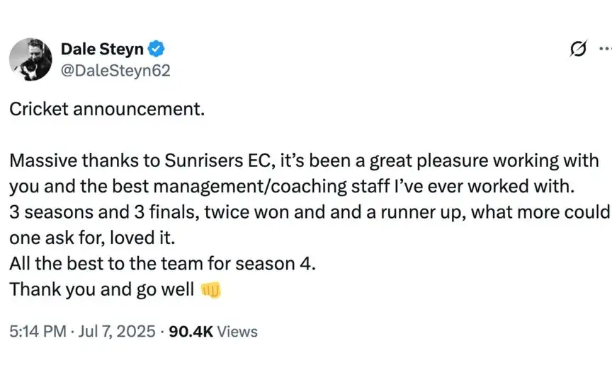 Dale Steyn's tweet [Source: @DaleSteyn62/X.com]