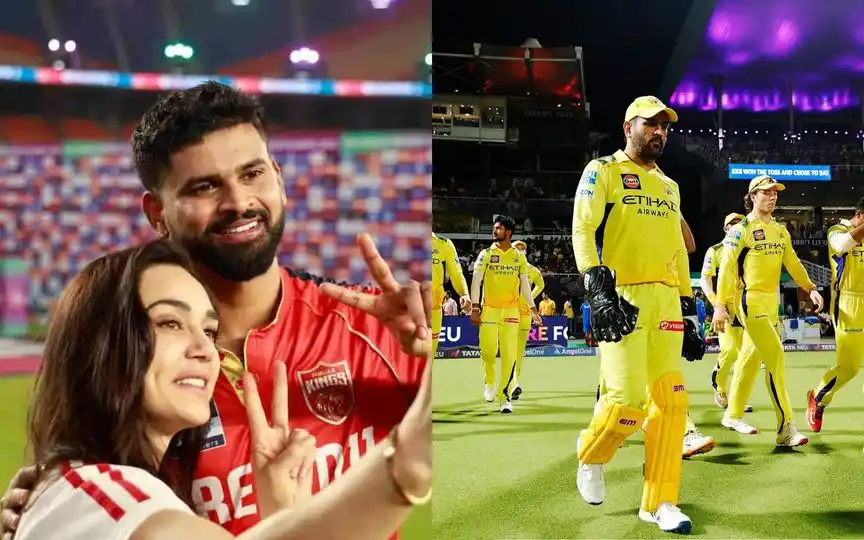 Shreyas Iyer and Preity Zinta, MS Dhoni [Source: @Rajiv1841/x.com]