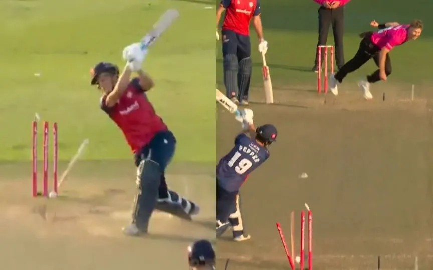 Riley Meredith breaks the stumps [Source: @SomersetCCC/X.com]