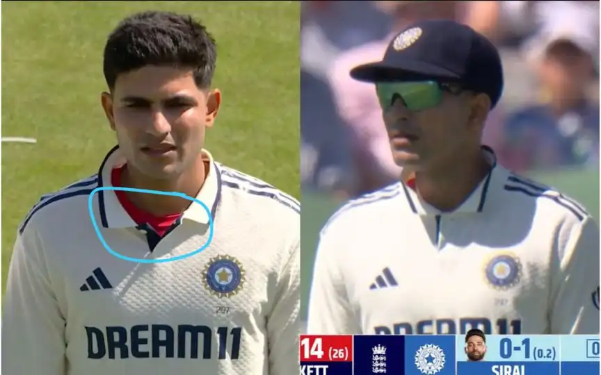 Shubman Gill is wearing a red vest [Source: @ChopadeAas91145/X]