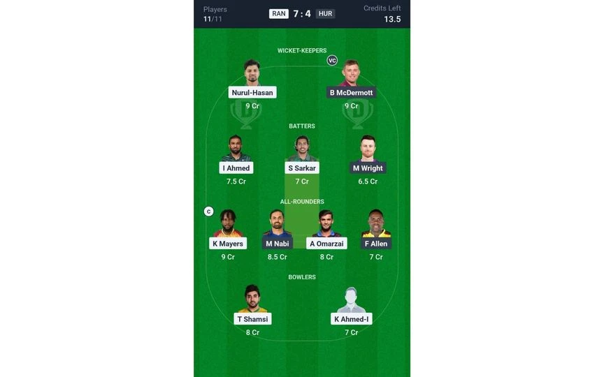 RAN Vs HUR GSL 2025: Dream11 Team 1 [Source: @Dream11 App]