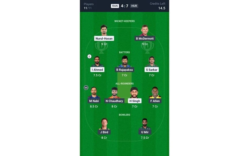 RAN Vs HUR GSL 2025: Dream11 Team 2 [Source: @Dream11 App]