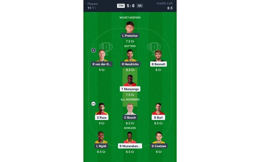 ZIM vs SA 1st T20I: Dream11 Team 1 [Source: @Dream11 App]