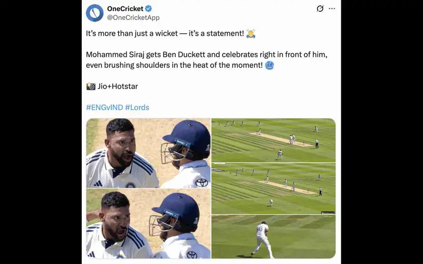 Mohammed Siraj after Ben Duckett's wicket (Source:@OneCricketApp/X.com)