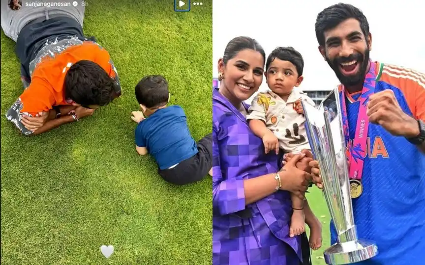 Jasprit Bumrah seen playing with son Angad [Source: @mufaddal_vohra/X.com, @sanjanaganesan/Instagram]