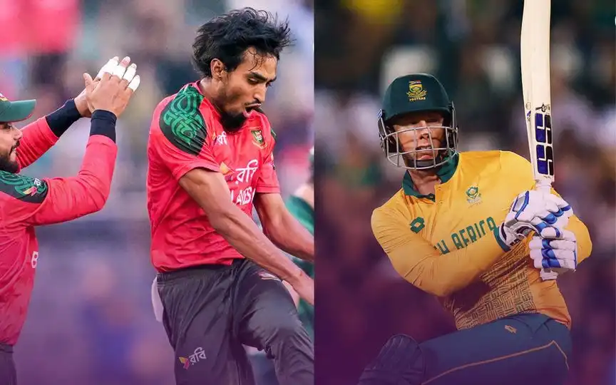 Bangladesh players and Rassie van der Dussen [Source: @ICC/x]