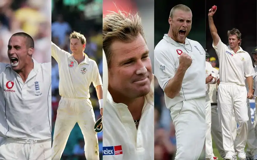 Simon Jones, Brett Lee, Shane Warne, Andrew Flintoff, Glenn McGrath (Source: @ICC/X.com, @WisdenCricket/X.com)