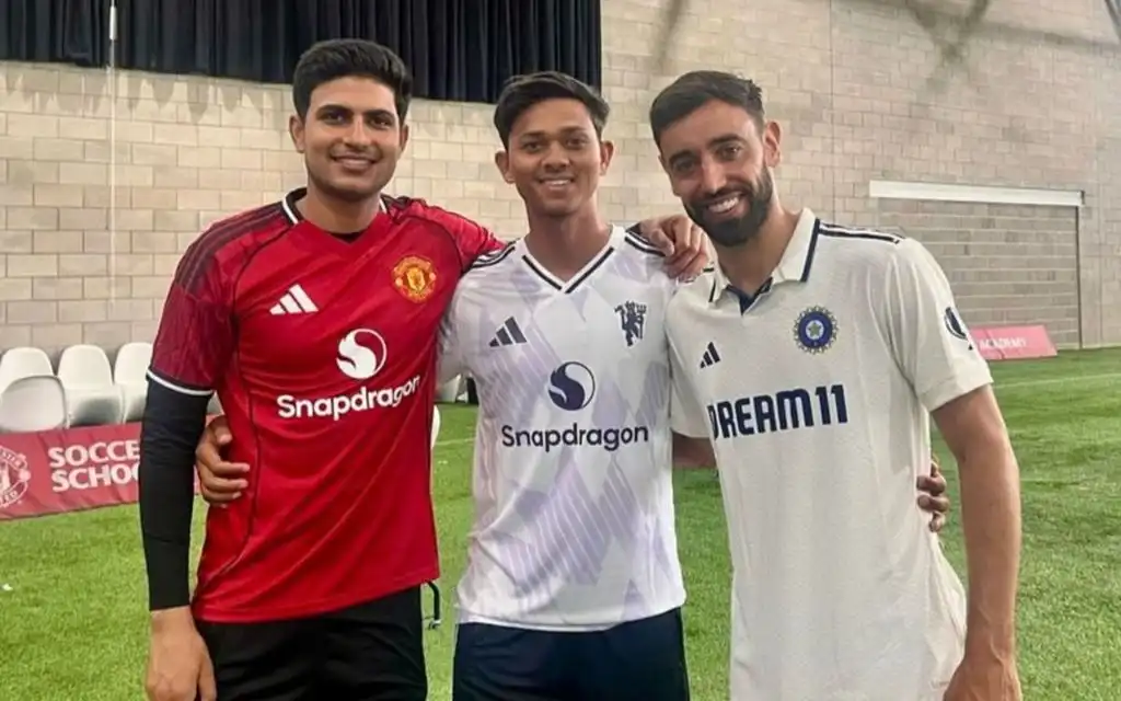 Shubman Gill, Yashasvi Jaiswal and Bruno Fernandes [Source: @CricCrazyJohns/X.com]