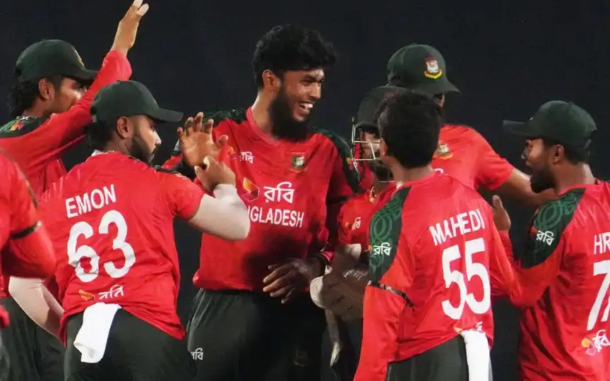 Bangladesh players celebrating a wicket in second T20I [Source: @BCBtigers/x]