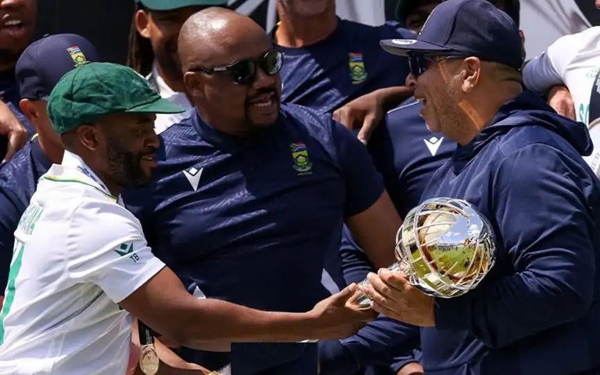 Shukri Conrad with SA Test Captain Bavuma Celebrating WTC 2025 Win (X.com/@ESPNcricinfo)