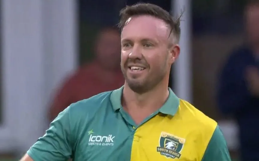 AB De Villiers celebrating his century in WCL 2025 [Source: @CricCrazyJohns/x]