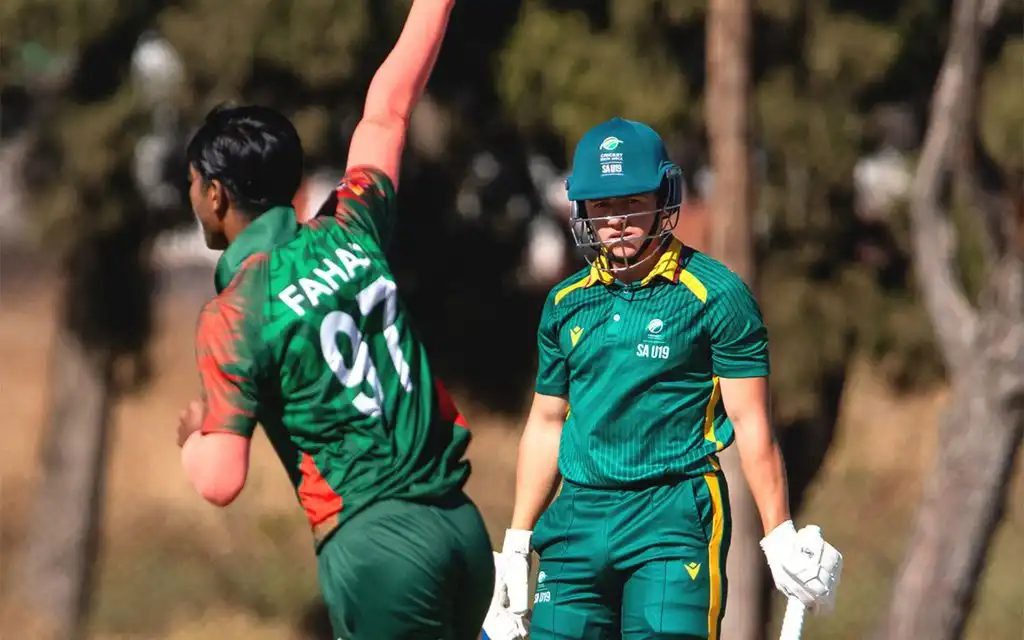 Bangladesh U19's Al Fahad celebrating a wicket [Source: @ZimCricketv/x]