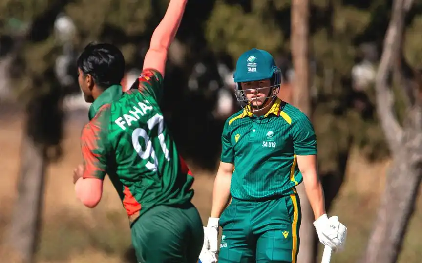 Bangladesh U19's Al Fahad celebrating a wicket [Source: @ZimCricketv/x]