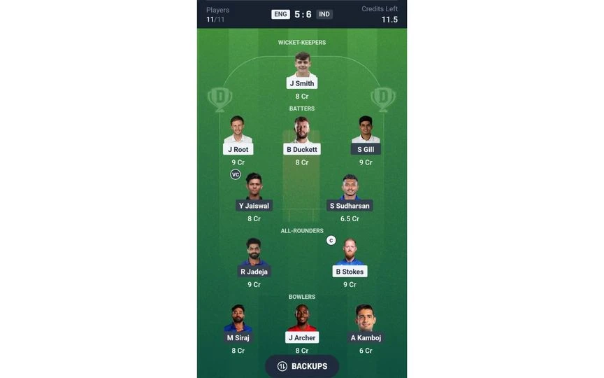 ENG vs IND, Dream11 Team 1: 5th Test Match [Source: @Dream11 App]