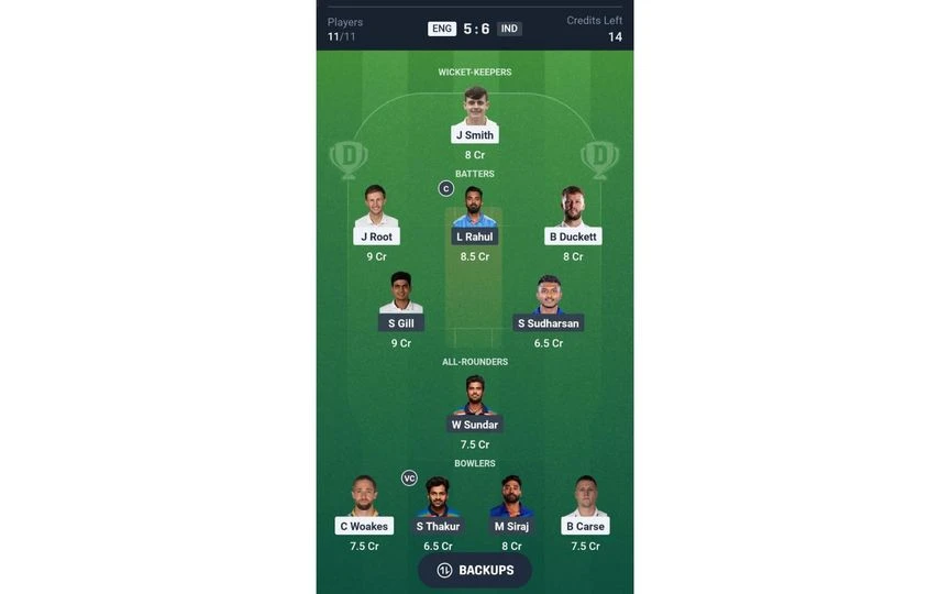 ENG vs IND, Dream11 Team 2: 5th Test Match [Source: @Dream11 App]