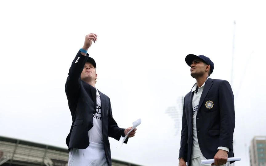 Ollie Pope and Shubman Gill during the toss of the fifth Test [Source: @cricbuzz/x.com]