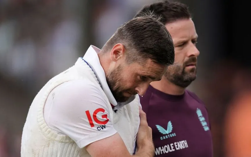 Chris Woakes injured his shoulder on Day 1 [Source: @freebigbetsuk/x.com]