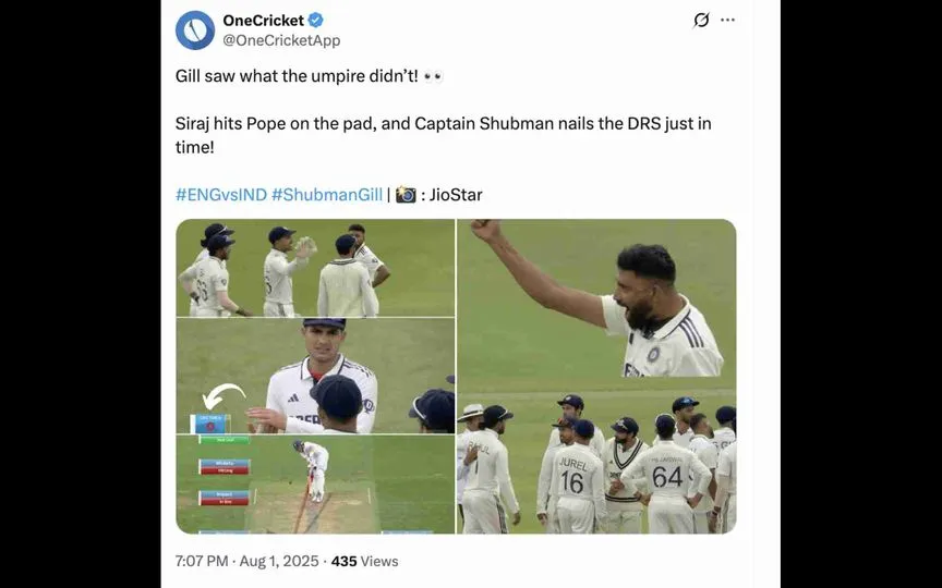 Ollie Pope's dismissal (Source:@OneCricketApp/X.com)