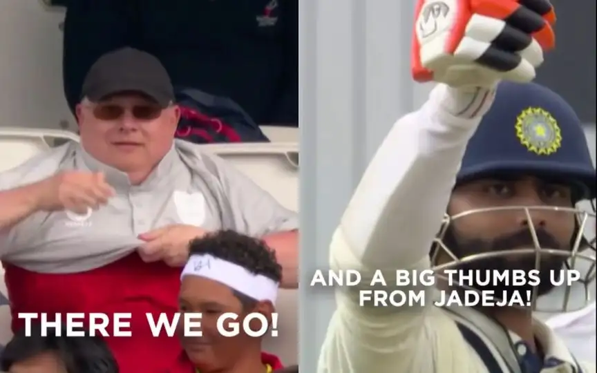 Ravindra Jadeja acknowledges an England fan [Source: @englandcricket/Instagram]